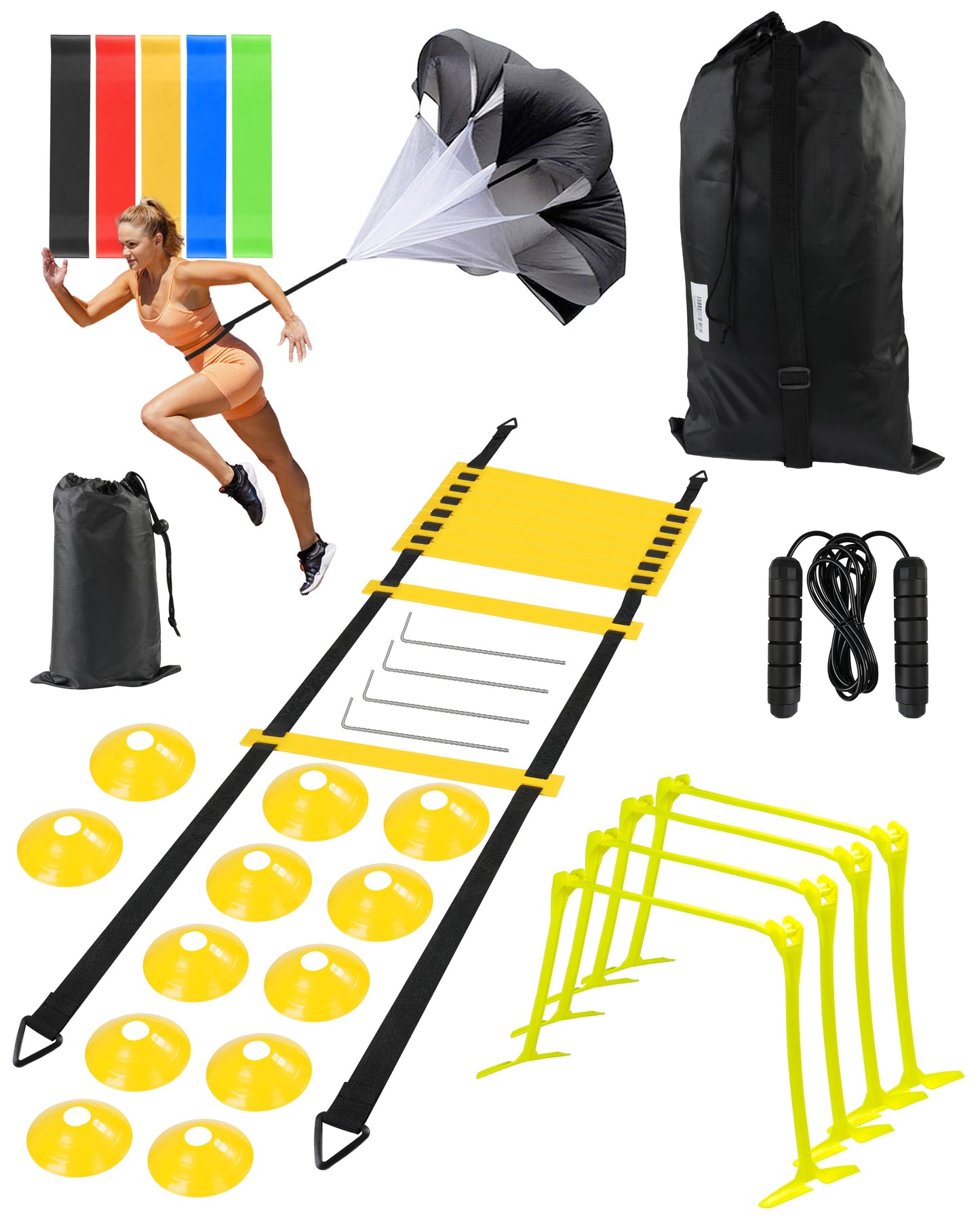 DF Speed and Agility Training Set, Agility Training Equipment for Kids with 20Ft Sports Agility Ladders, Cones, Agility Hurdles, Resistance Parachute, Jump Rope for Basketball, Soccer
